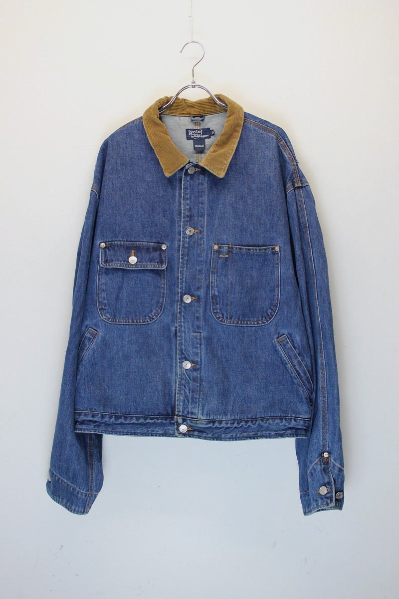 MADE IN USA 80'S CORDUROY COLLAR DENIM JACKET / INDIGO [SIZE: XL USED ]