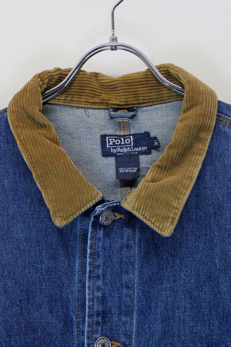 MADE IN USA 80'S CORDUROY COLLAR DENIM JACKET / INDIGO [SIZE: XL USED ]