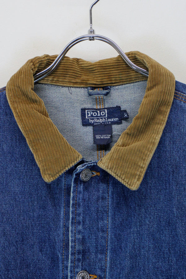 MADE IN USA 80'S CORDUROY COLLAR DENIM JACKET / INDIGO [SIZE: XL USED ]