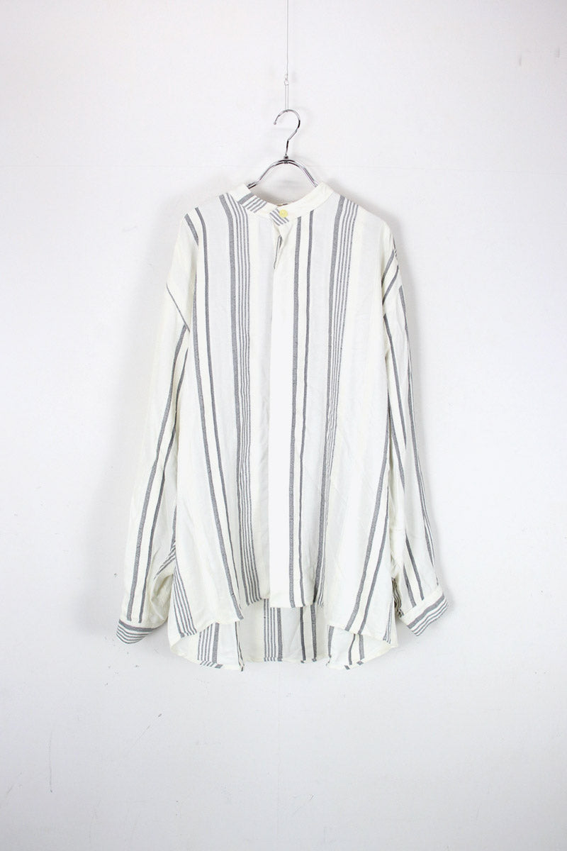 MADE IN USA 90'S L/S BAND COLLAR STRIPE SHIRT / OFF WHITE [SIZE: M USED]