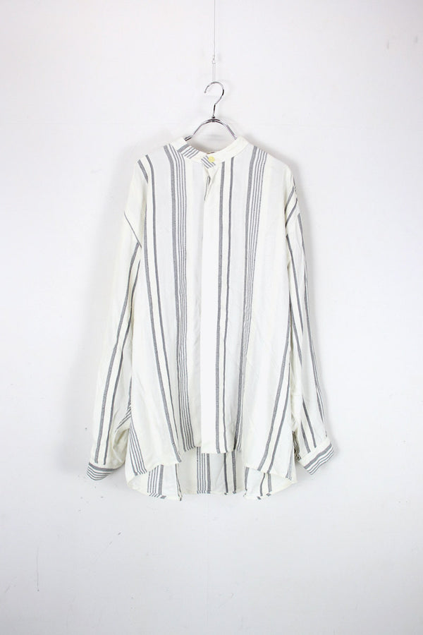 MADE IN USA 90'S L/S BAND COLLAR STRIPE SHIRT / OFF WHITE [SIZE: M USED]