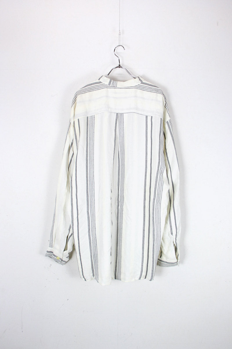 MADE IN USA 90'S L/S BAND COLLAR STRIPE SHIRT / OFF WHITE [SIZE: M USED]