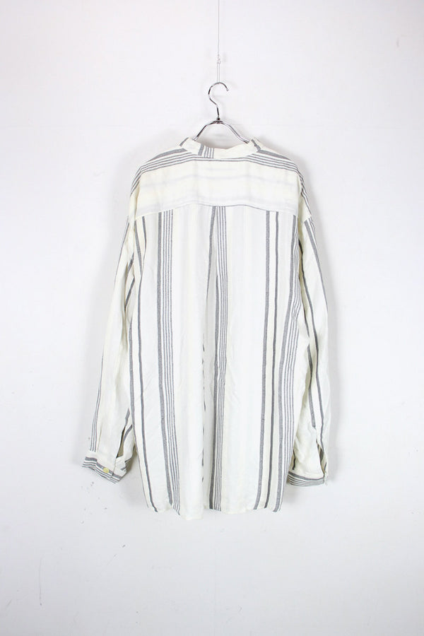 MADE IN USA 90'S L/S BAND COLLAR STRIPE SHIRT / OFF WHITE [SIZE: M USED]