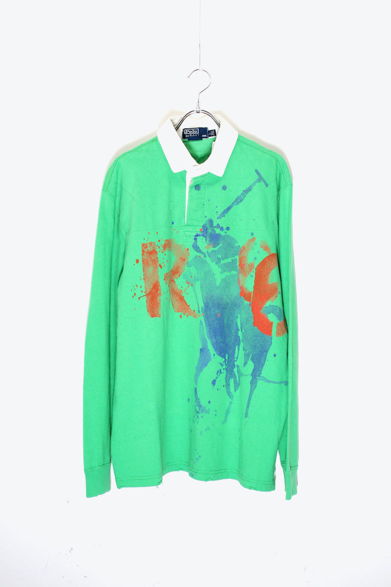 90'S L/S HAND PAINT GRANGE RUGGER SHIRT / GREEN / WHITE［ SIZE:L USED ]