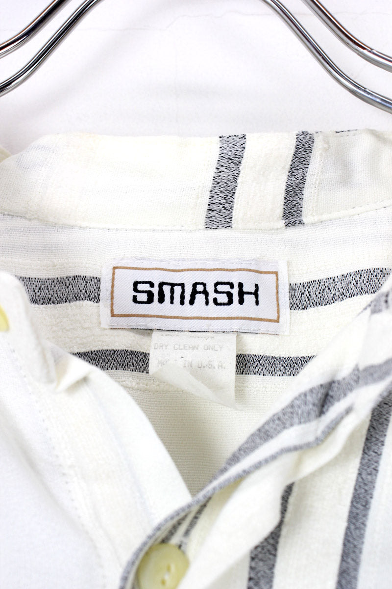 MADE IN USA 90'S L/S BAND COLLAR STRIPE SHIRT / OFF WHITE [SIZE: M USED]