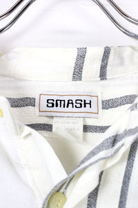 MADE IN USA 90'S L/S BAND COLLAR STRIPE SHIRT / OFF WHITE [SIZE: M USED]