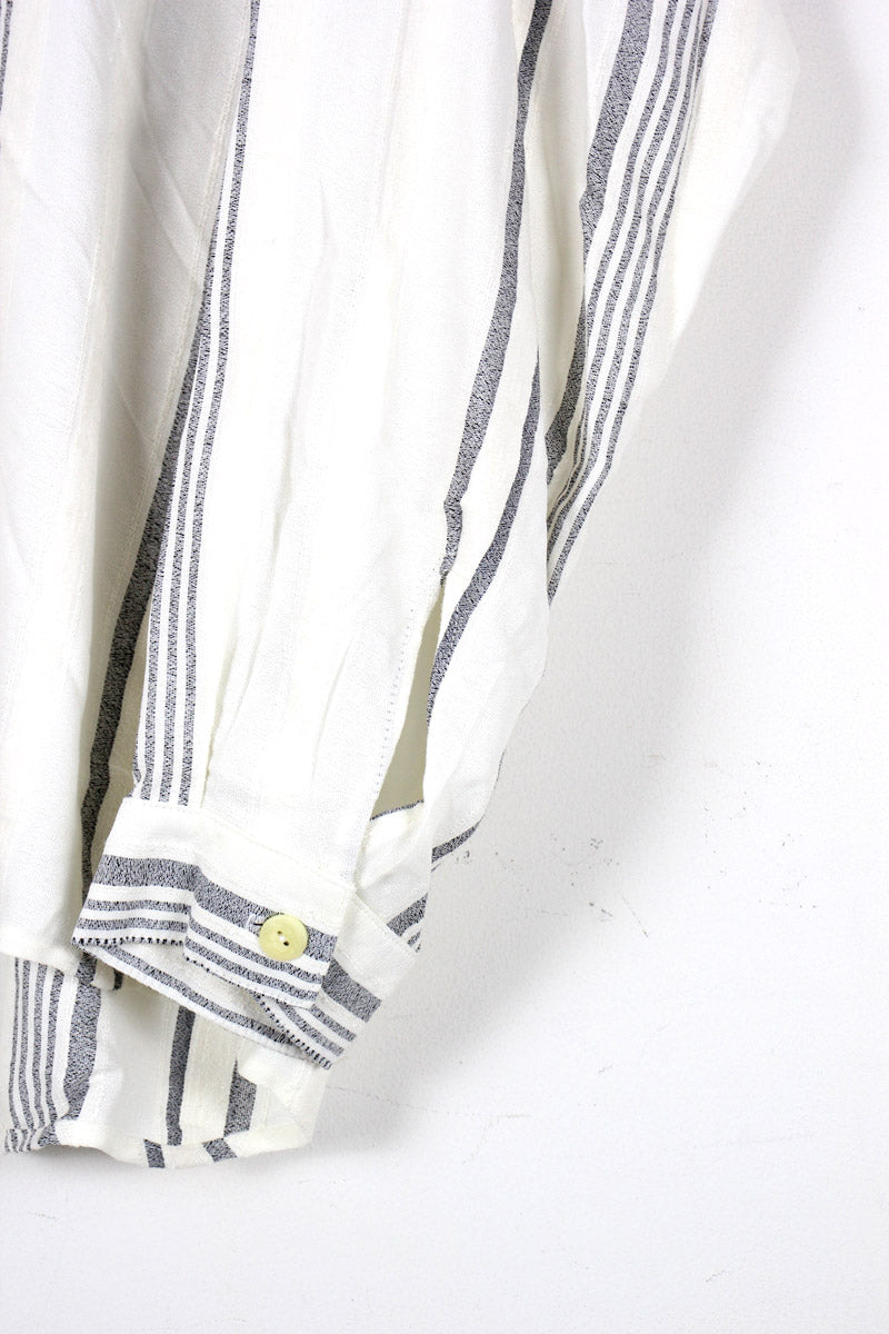 MADE IN USA 90'S L/S BAND COLLAR STRIPE SHIRT / OFF WHITE [SIZE: M USED]
