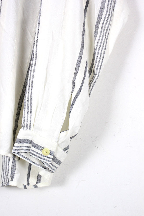 MADE IN USA 90'S L/S BAND COLLAR STRIPE SHIRT / OFF WHITE [SIZE: M USED]