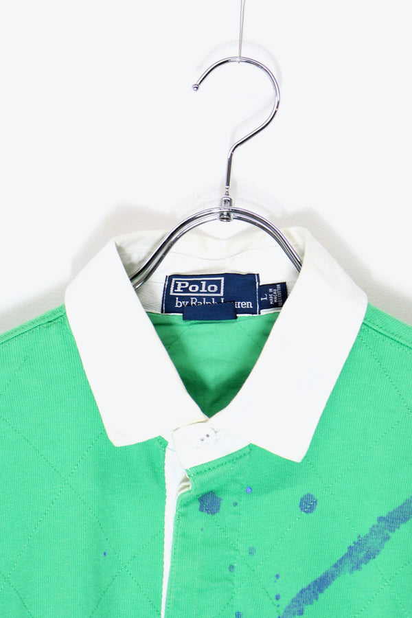90'S L/S HAND PAINT GRANGE RUGGER SHIRT / GREEN / WHITE [ SIZE:L USED ]