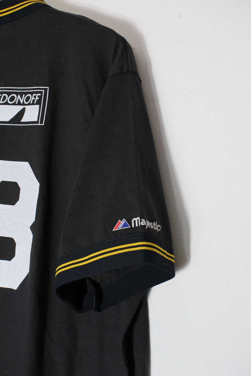 MADE IN USA 80'S  S/S MLB PITTSBURGH PIRATES 18 V-NECK RIB LINE T-SHIRT / BLACK[SIZE: XL相当 USED]