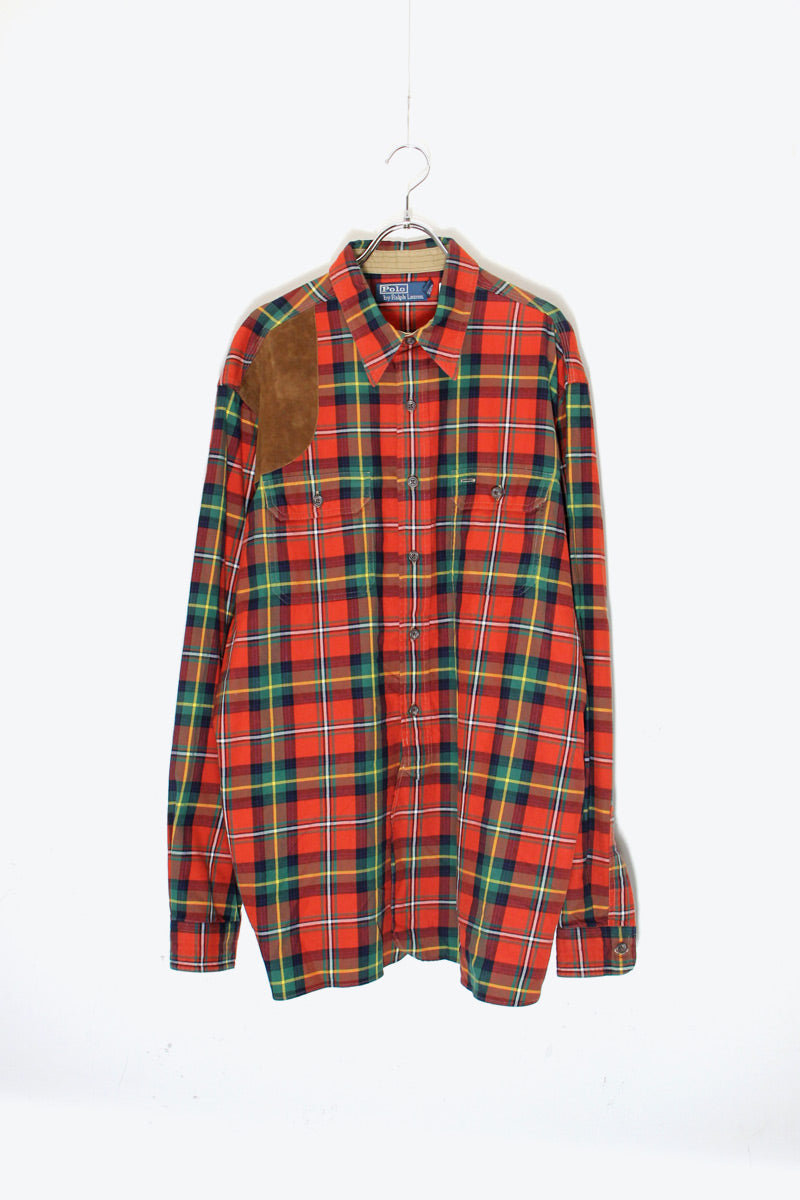 90'S L/S HUNTING CHECK SHIRT W/ SUEDE PATCH / RED / GREEN [SIZE: XL USED]