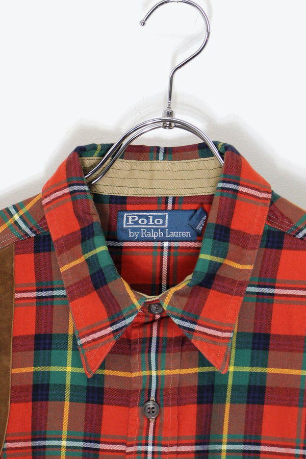 90'S L/S HUNTING CHECK SHIRT W/ SUEDE PATCH / RED / GREEN [SIZE: XL USED]