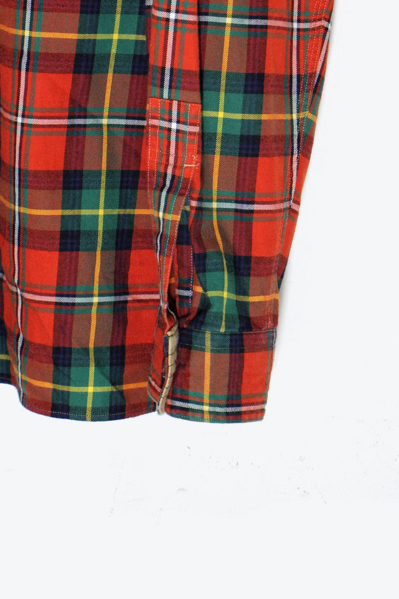 90'S L/S HUNTING CHECK SHIRT W/ SUEDE PATCH / RED / GREEN [SIZE: XL USED]