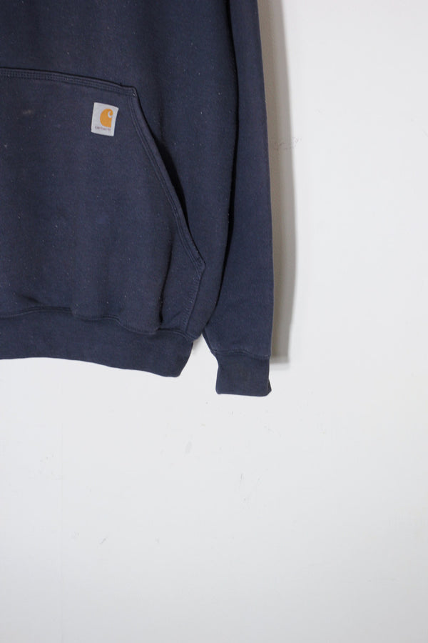 PULLOVER SLEEVE PRINT SWEAT HOODIE / NAVY [SIZE: M USED]