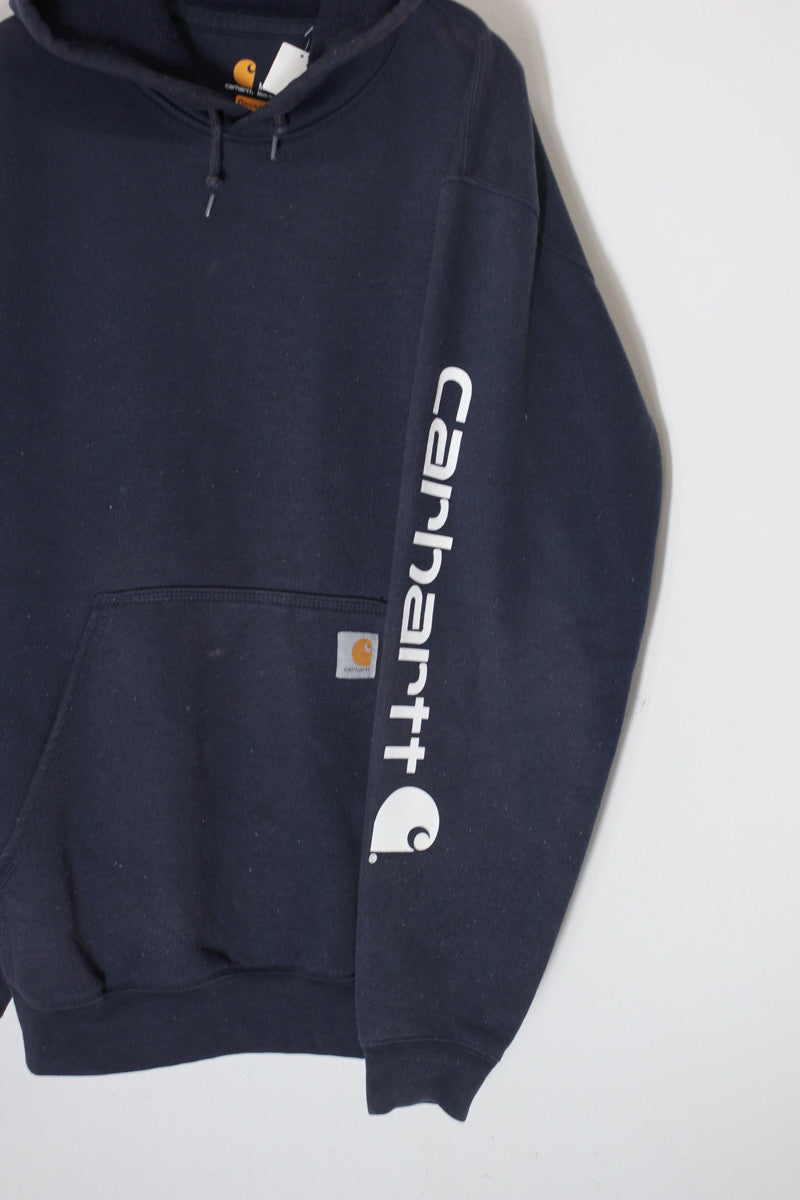 PULLOVER SLEEVE PRINT SWEAT HOODIE / NAVY [SIZE: M USED]