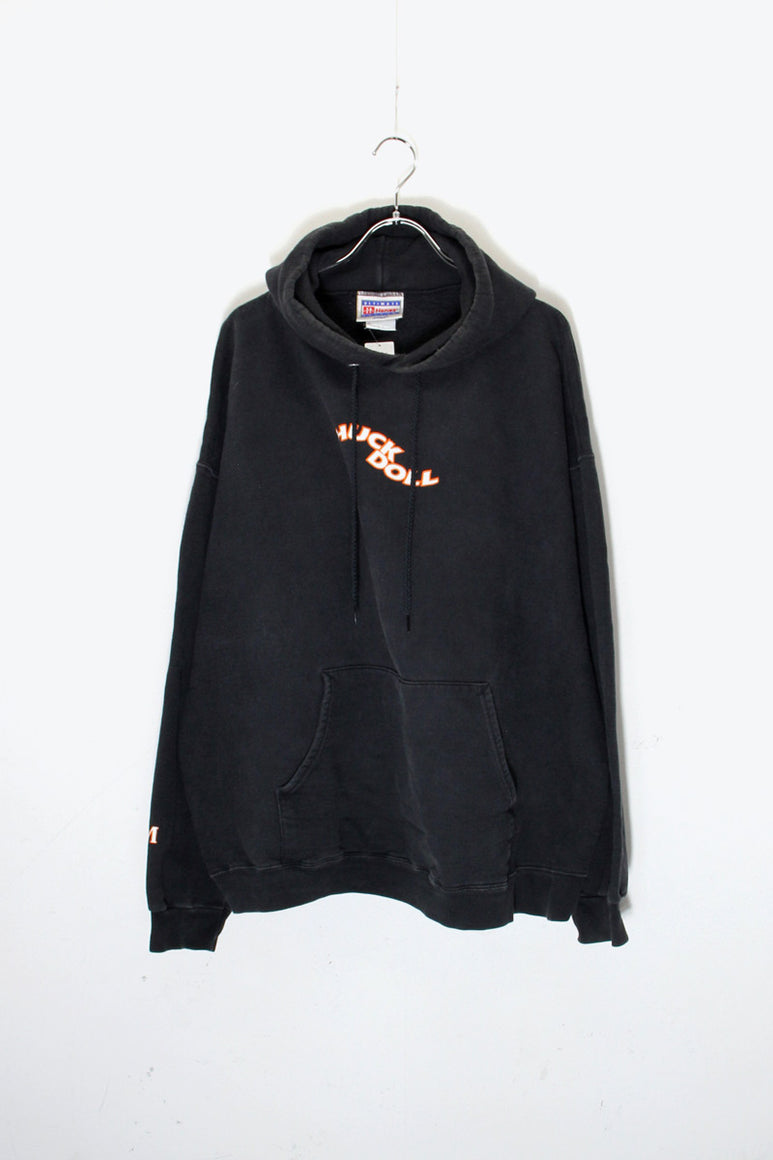 90'S HUCK DOLL SLEEVE PRINT SWEAT HOODIE / BLACK [SIZE: L USED]