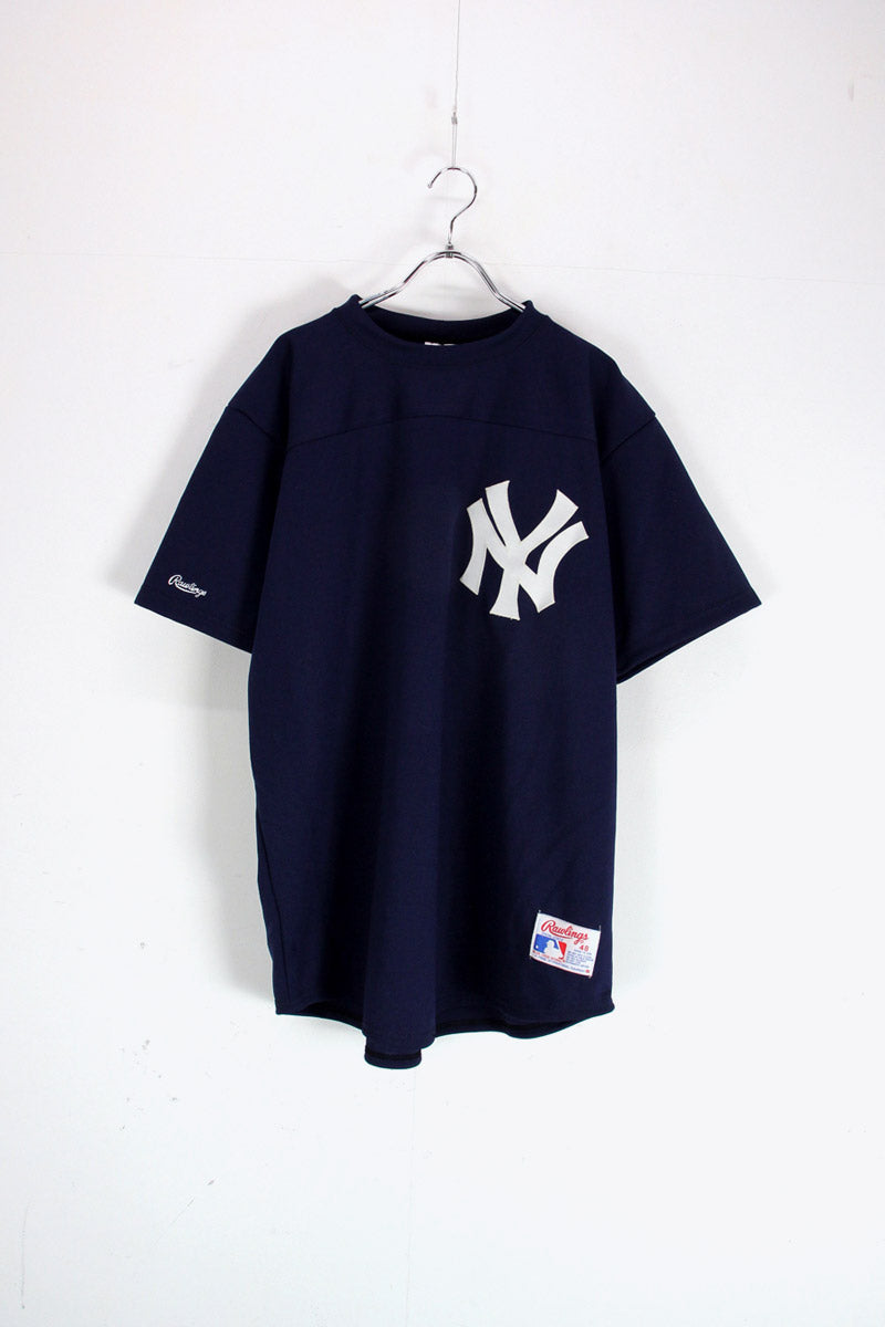 MADE IN USA 90'S NY YANKEES PULLOVER BASEBALL SHIRT / NAVY [SIZE: L相当 USED]