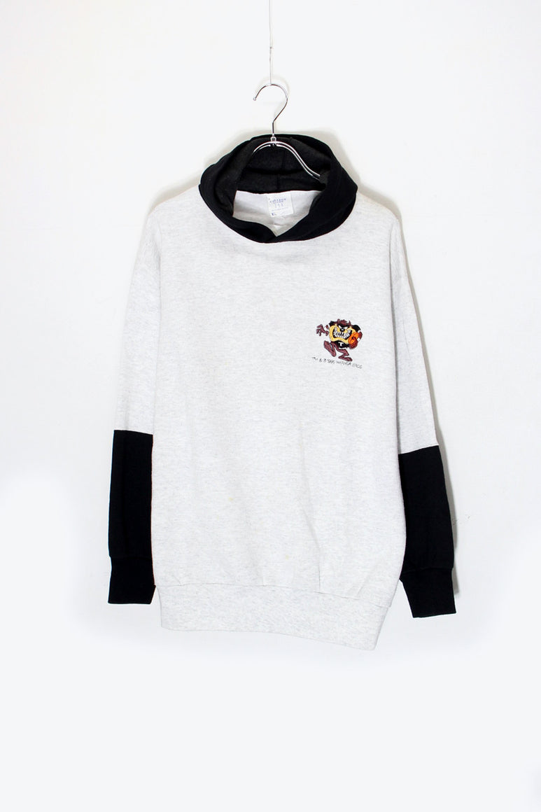 MADE IN USA 96'S TASMANIAN EMBROIDERY SWITCHING SWEAT HOODIE / GREY / BLACK [SIZE: XL USED]
