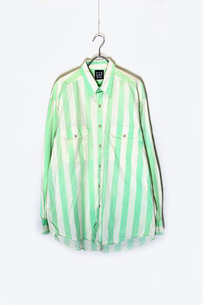 90'S L/S SNAP BUTTON STRIPE SHIRT / WHITE / GREEN [SIZE: L USED]