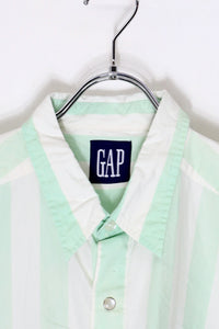 90'S L/S SNAP BUTTON STRIPE SHIRT / WHITE / GREEN [SIZE: L USED]