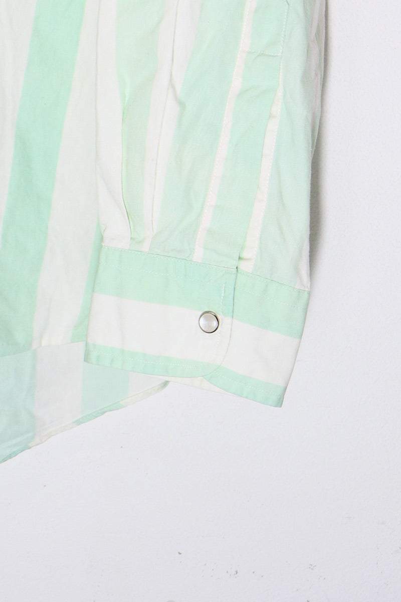 90'S L/S SNAP BUTTON STRIPE SHIRT / WHITE / GREEN [SIZE: L USED]
