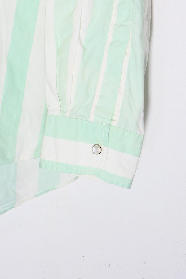 90'S L/S SNAP BUTTON STRIPE SHIRT / WHITE / GREEN [SIZE: L USED]