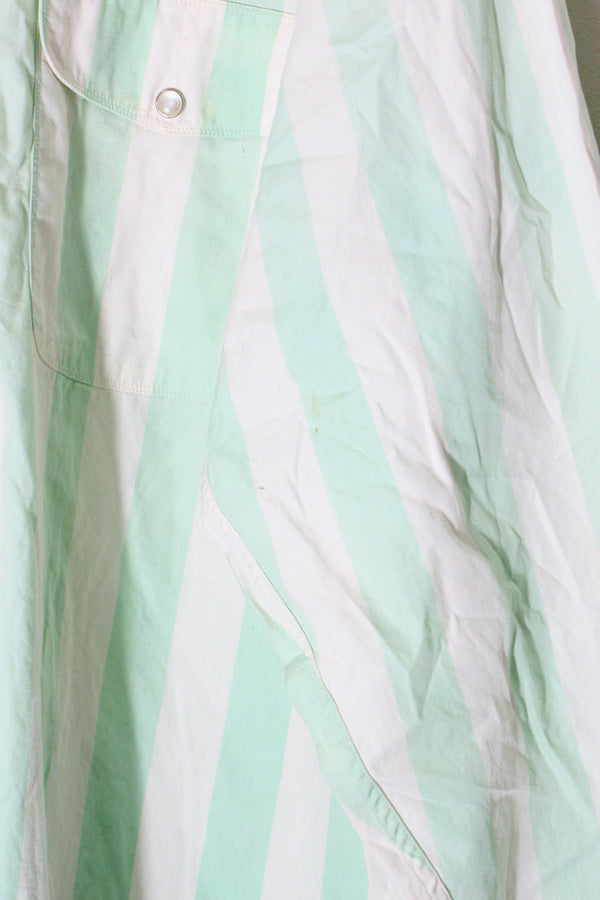 90'S L/S SNAP BUTTON STRIPE SHIRT / WHITE / GREEN [SIZE: L USED]