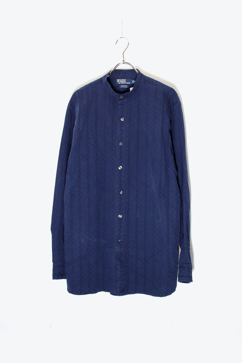 90'S L/S STAND COLLAR STRIPE SHIRT / NAVY / STRIPE [SIZE: M USED]