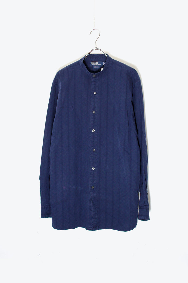 90'S L/S STAND COLLAR STRIPE SHIRT / NAVY / STRIPE［ SIZE: M USED ]