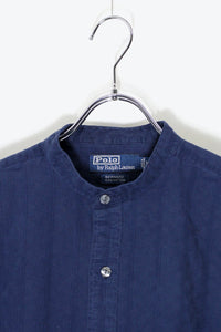 90'S L/S STAND COLLAR STRIPE SHIRT / NAVY / STRIPE [SIZE: M USED]