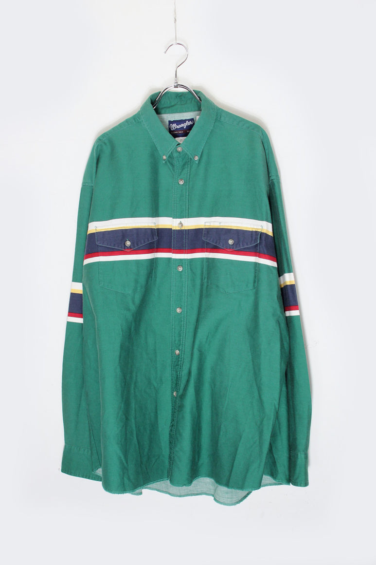 90'S L/S BORDER BD SHIRT / GREEN/MULTI [SIZE: XL USED]