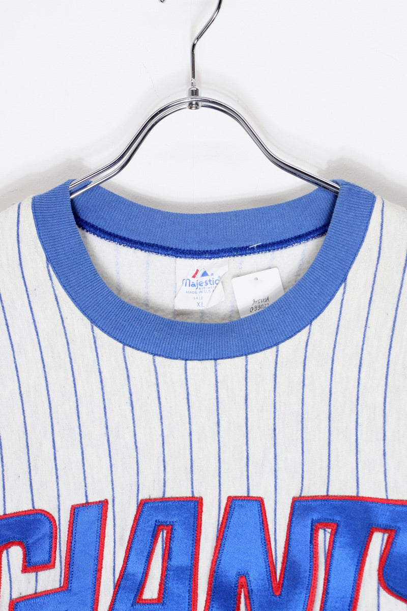 MADE IN USA 90'S MLB NY GIANTS EMBROIDERED STRIPED SWEATSHIRT / GREY/BLUE [SIZE: XL USED]