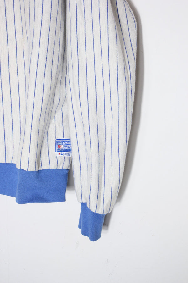 MADE IN USA 90'S MLB NY GIANTS EMBROIDERED STRIPED SWEATSHIRT / GREY/BLUE [SIZE: XL USED]