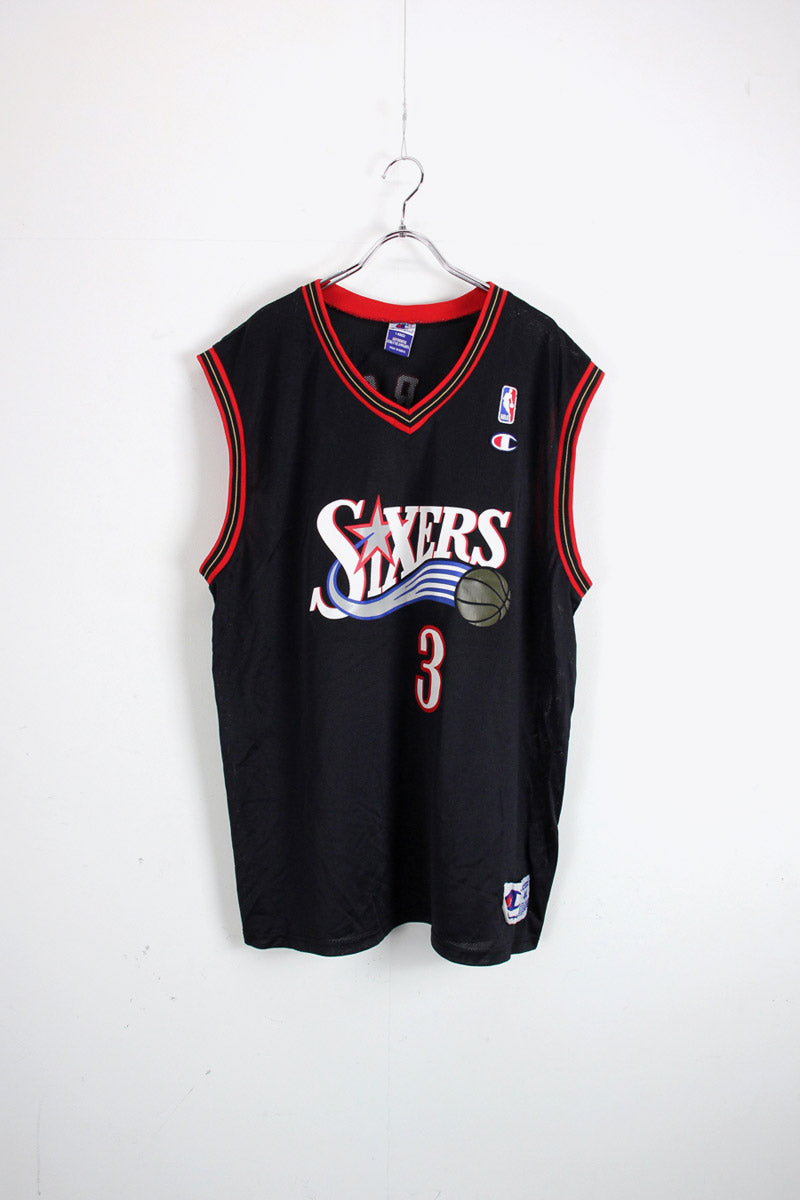 SIXERS IVERSON 3 SLEEVELESS GAME SHIRT / BLACK / RED [SIZE: L USED]