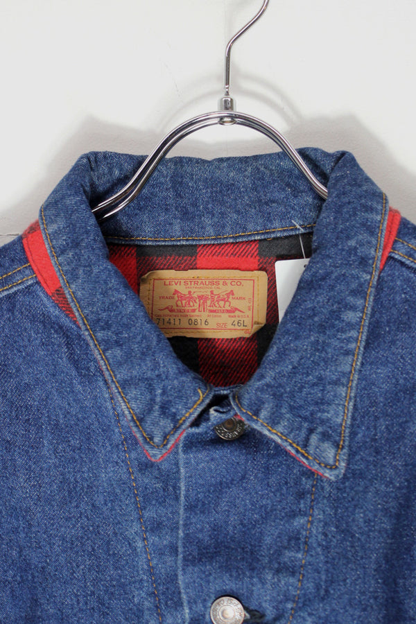 MADE IN USA 90'S 71411-0816 DENIM JACKET W/COTTON CHECK LINER / INDIGO [SIZE: M Equivalent USED]