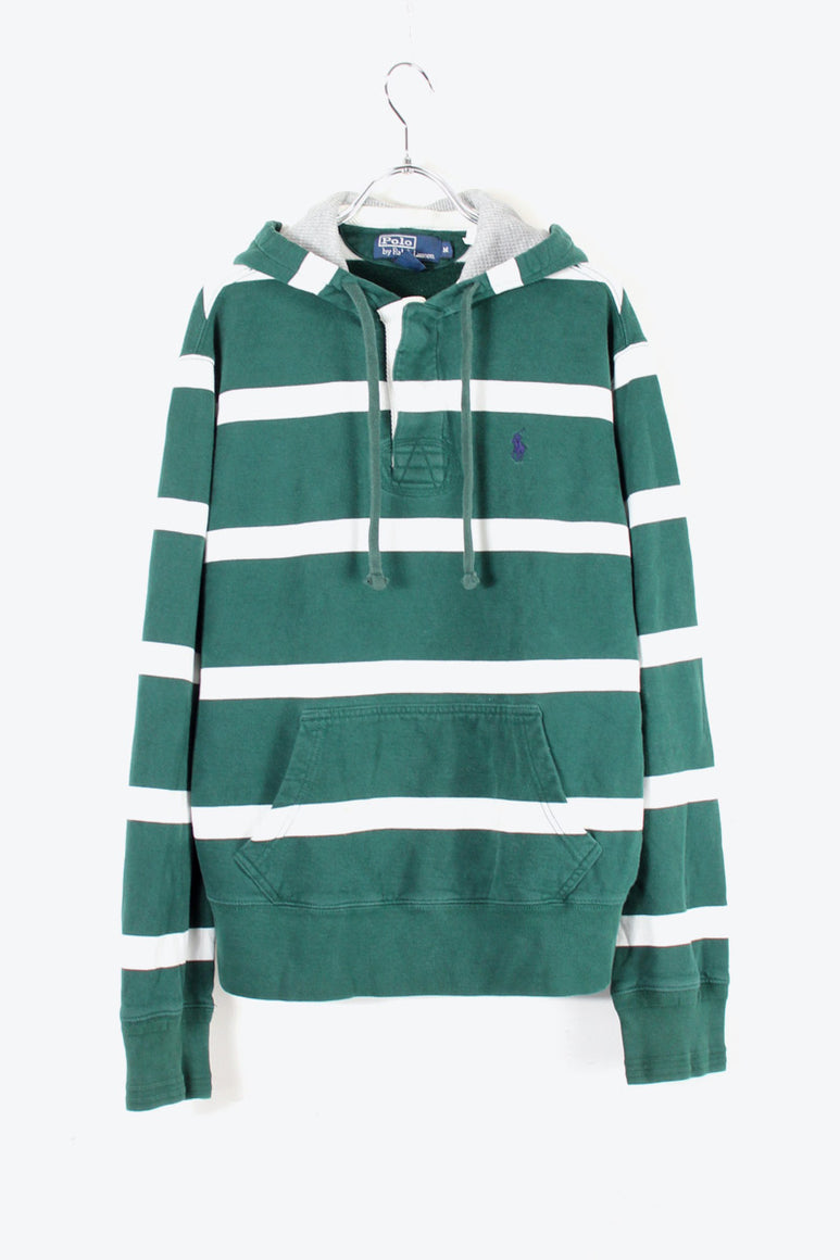 90'S HOODIE BORDER SWEAT SHIRT / WHITE / GREEN [SIZE: M USED]