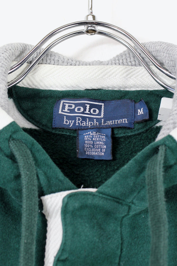 90'S HOODIE BORDER SWEATSHIRT / WHITE / GREEN [SIZE: M USED]