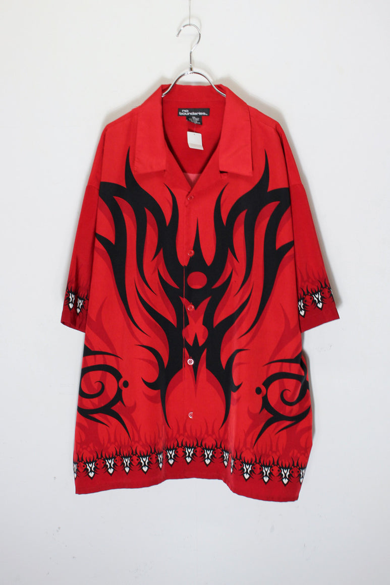 S/S OPEN COLLAR FRAME PATTERN SHIRT / RED/BLACK [SIZE: 2XL USED]