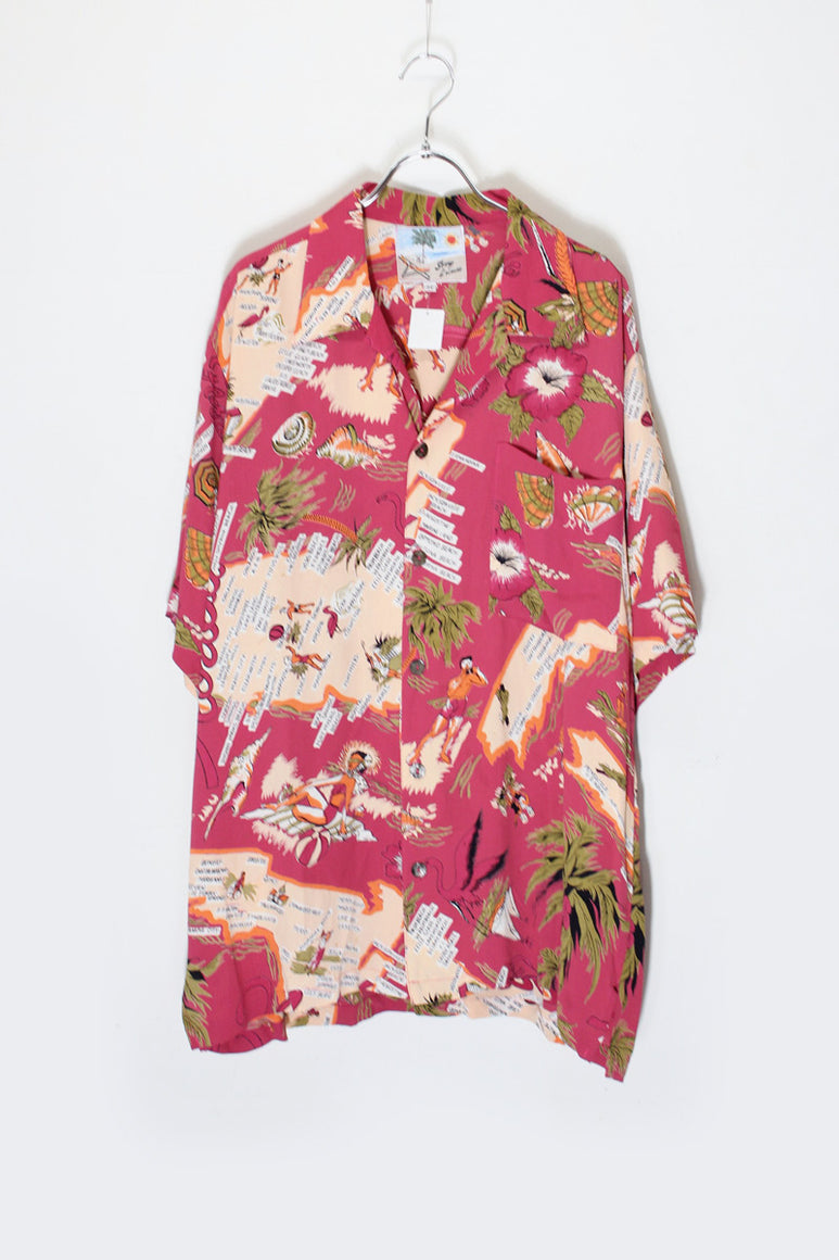 90'S S/S OPEN COLLAR HAWAIIAN SHIRT / PINK [SIZE: M USED]