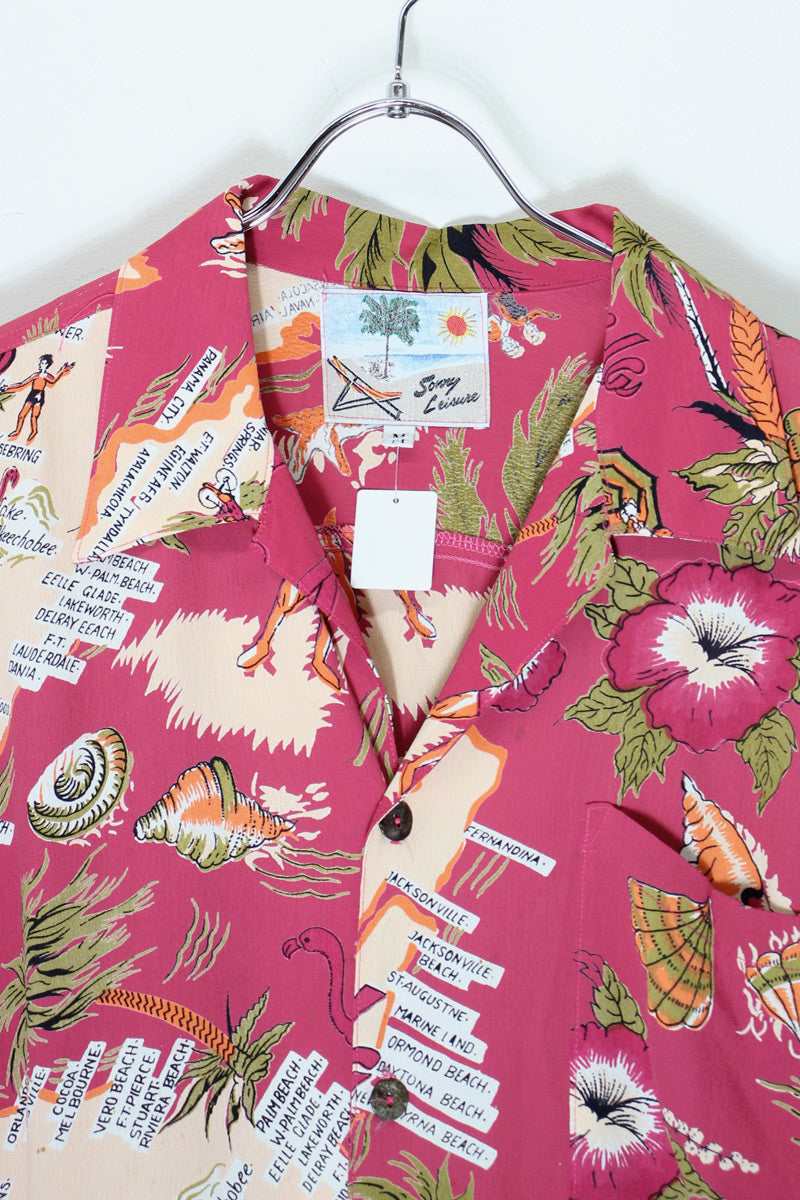 90'S S/S OPEN COLLAR HAWAIIAN SHIRT / PINK [SIZE: M USED]