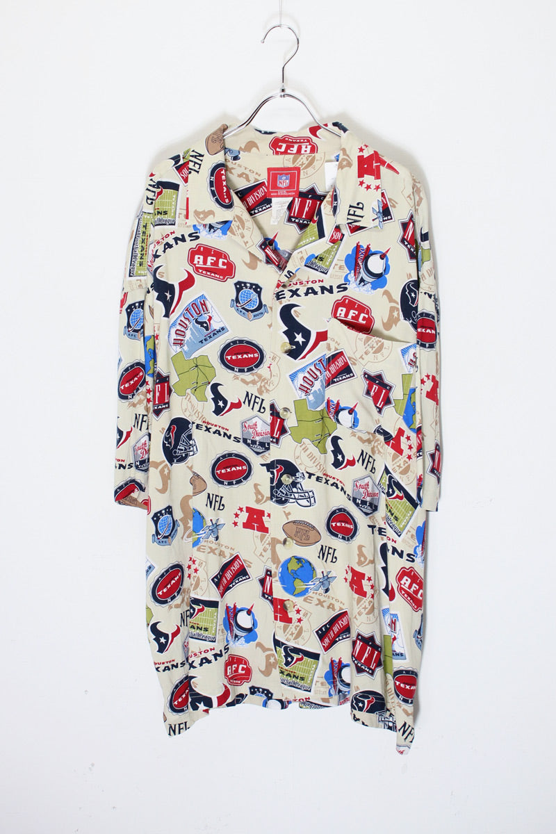 S/S NFL HOUSTON TEXANS OPEN COLLAR RAYON SHIRT / BEIGE [SIZE: XL USED]