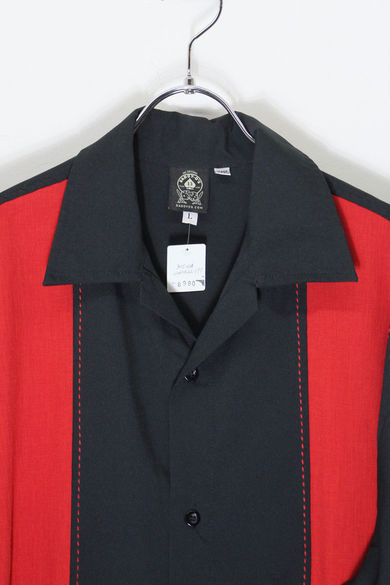 MADE IN USA 90'S S/S OPEN COLLAR LINE CUBA SHIRT / BLACK/RED [SIZE: L USED]