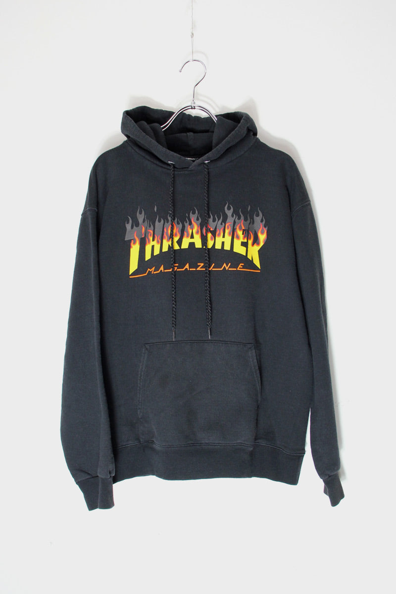 FIRE LOGO PRINT PULLOVER SWEAT HOODIE / BLACK [SIZE: S USED]