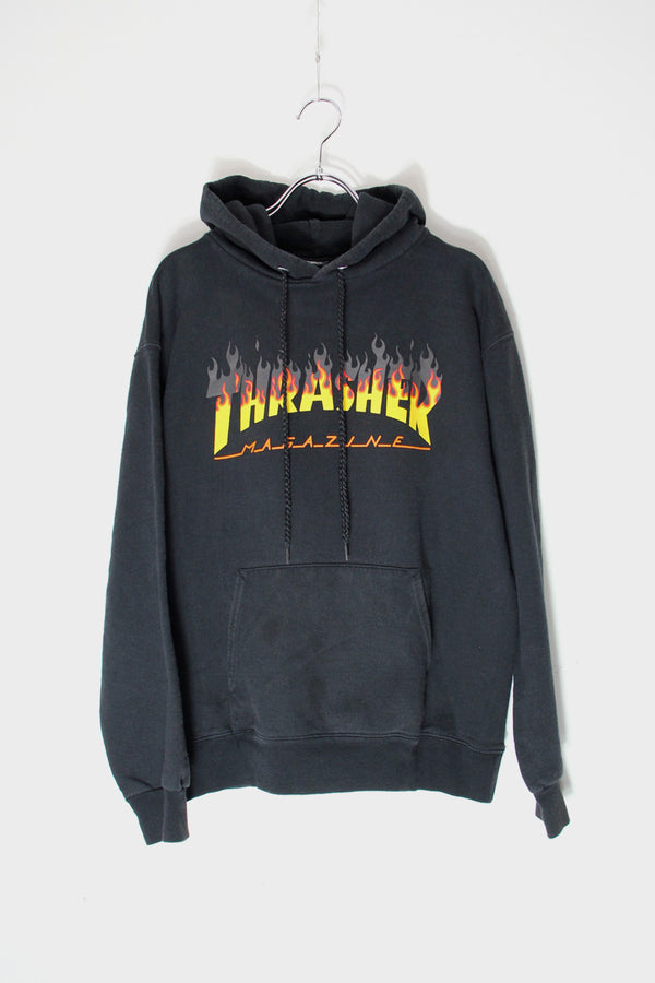 FIRE LOGO PRINT PULLOVER SWEAT HOODIE / BLACK [SIZE: S USED]