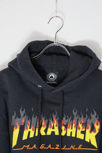 FIRE LOGO PRINT PULLOVER SWEAT HOODIE / BLACK [SIZE: S USED]