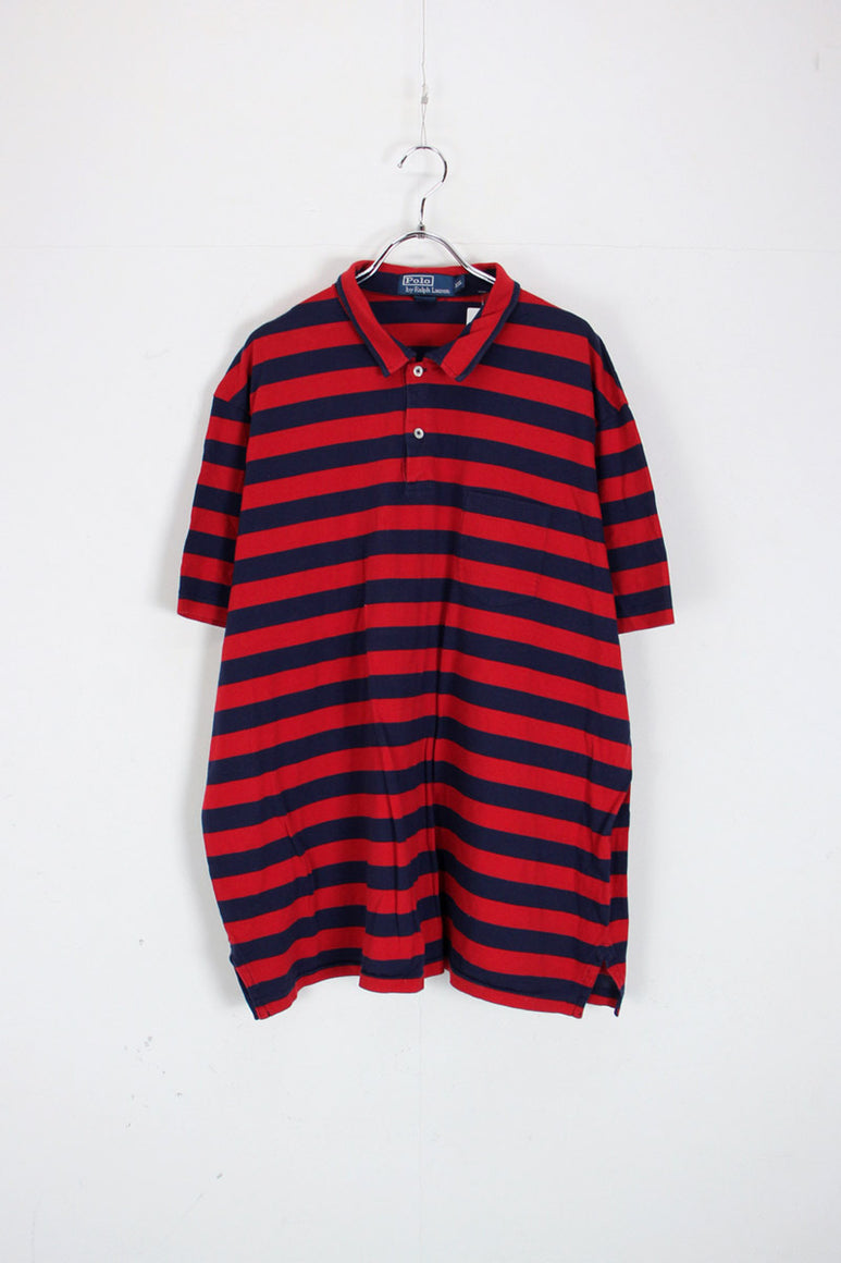 90'S S/S BORDER POLO SHIRT / RED / NAVY [SIZE: XXL USED]