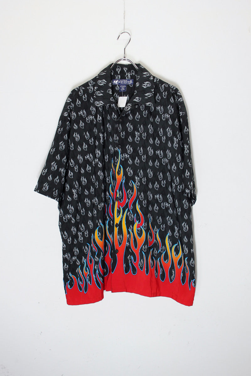 MADE IN USA 90'S S/S FLAME PATTERN SHIRT / BLACK [SIZE: L USED]