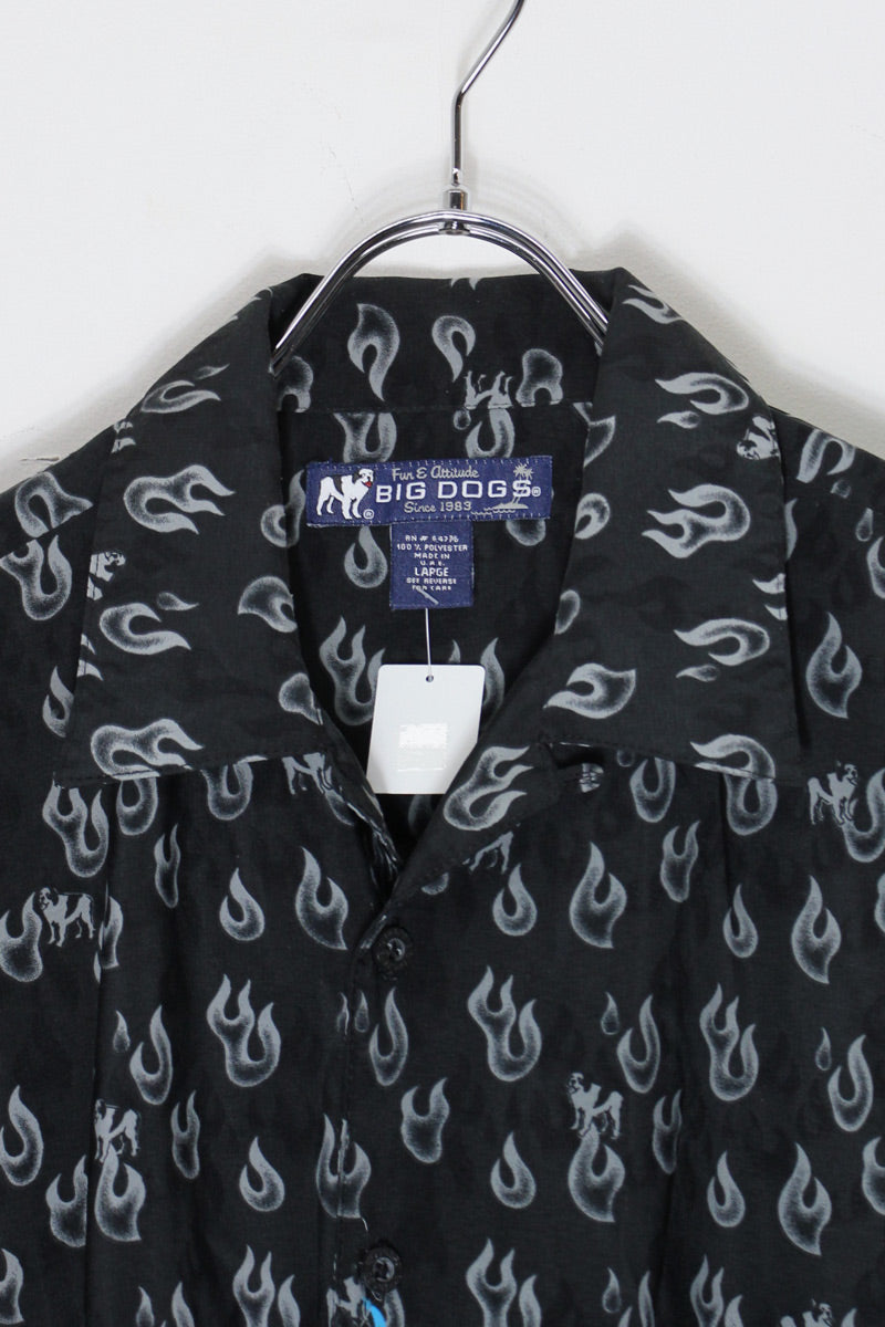 MADE IN USA 90'S S/S FLAME PATTERN SHIRT / BLACK [SIZE: L USED]