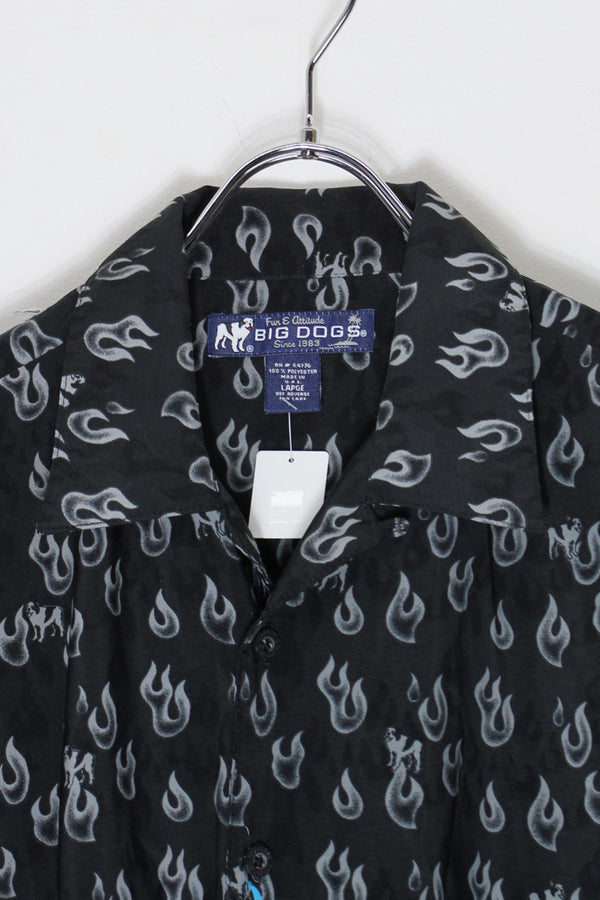 MADE IN USA 90'S S/S FLAME PATTERN SHIRT / BLACK [SIZE: L USED]