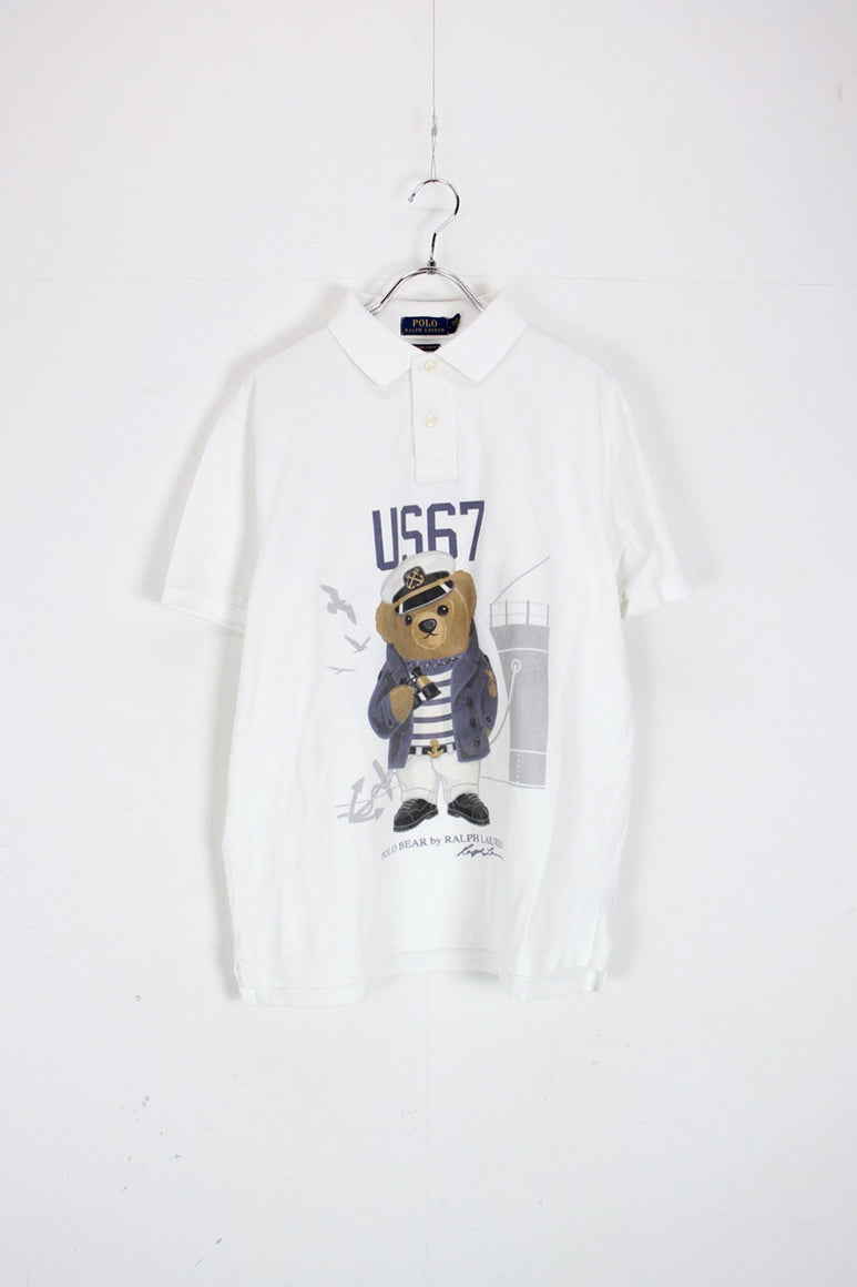 S/S SAILOR POLO BEAR PRINT POLO SHIRT / WHITE [SIZE: L USED]